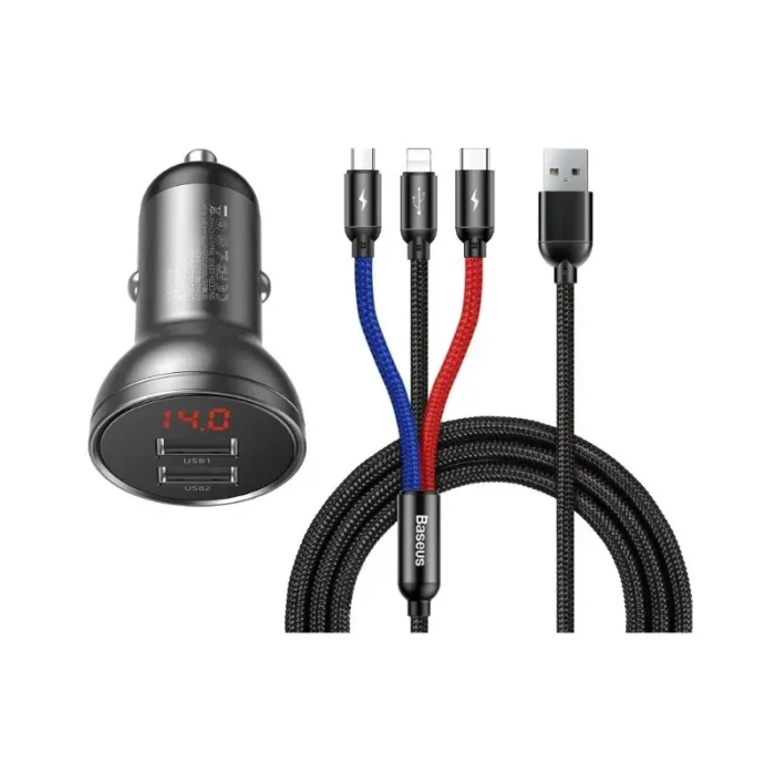 Baseus Digital Display Dual USB Car Charger With 3-in-1 USB Cable